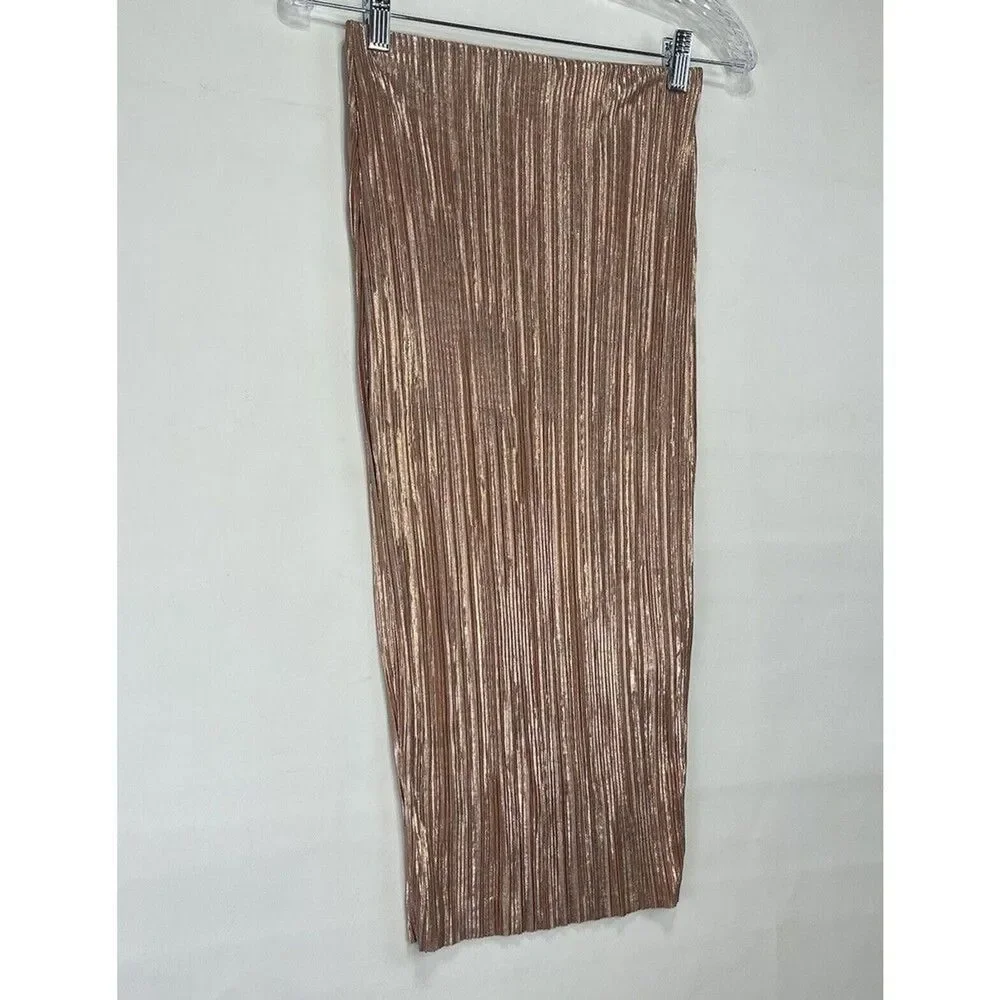 Women Metallic Golden Midi Skirt Size 4 Pleated Stretch